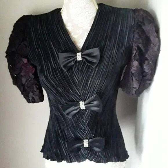 Vintage Karen Lawrence by Matthew lovely crinkle blk and purple puffy top size 8 - Picture 1 of 13